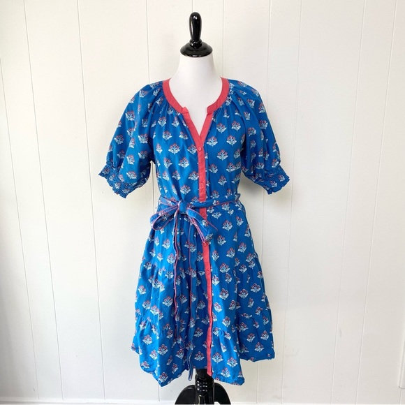 Printfresh x Paper Pencil Co Blue Red White Floral Printed Popover Dress Size M - Picture 2 of 16